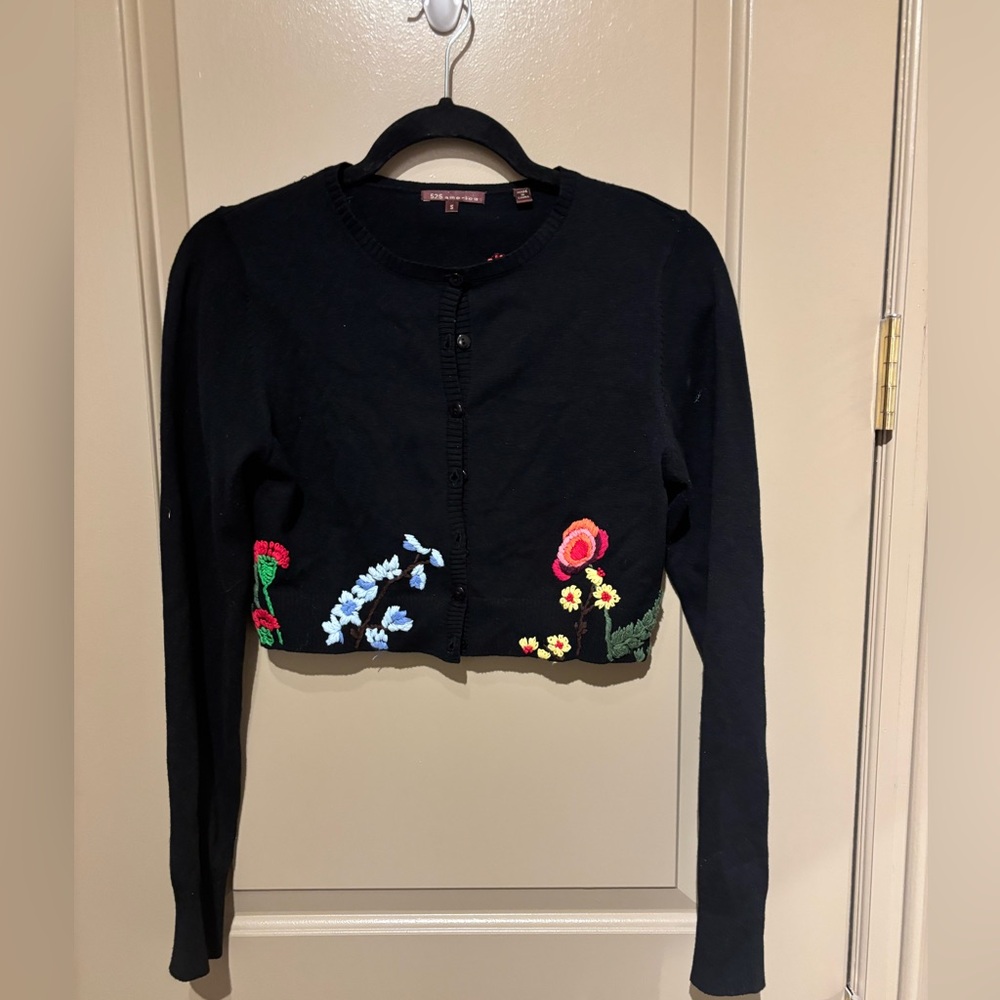 Cropped Button Down Cardigan with beautiful floral stitching
